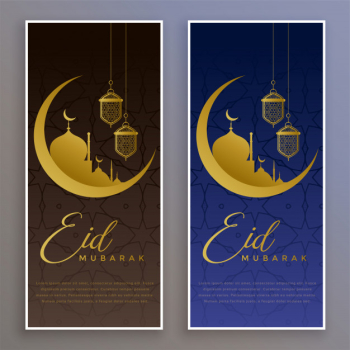 Eid mubarak golden mosque and moon banners set Free Vector