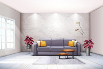 Spacious room interior with sofa floor lamps and decorative purplish tones colored leaves plants realistic Free Vector