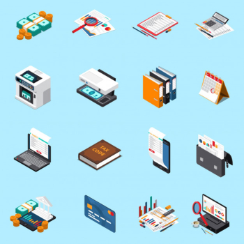 Accounting tax isometric icons collection with financial statements credit card calculator cash counting machine isolated Free Vector
