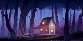 Wooden mystic stilt house, shack in night forest Free Vector