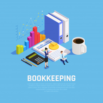Book keeping isometric composition with charts documentation and accountants during work on blue Free Vector
