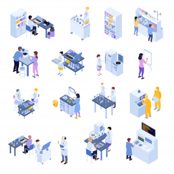 Colored isometric scientific laboratory icon set with laboratory workers on their workplaces Free Vector