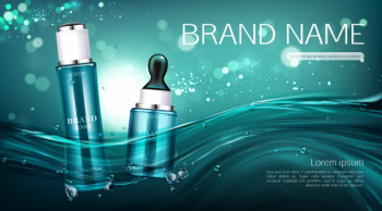 Cosmetics bottles banner. lotion and serum advertising Free Vector