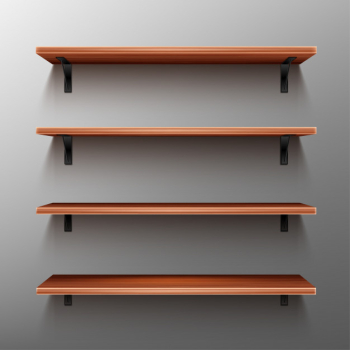 Empty wooden shelves on gray wall Free Vector