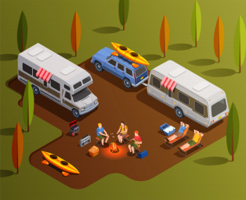 Camping hiking isometric icons composition with motor home trailers paddle boats and human characters with campfire illustration Free Vector