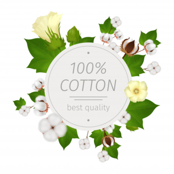 Colored round cotton realistic composition or emblem with flowers of cotton around and best quality headline at the center Free Vector