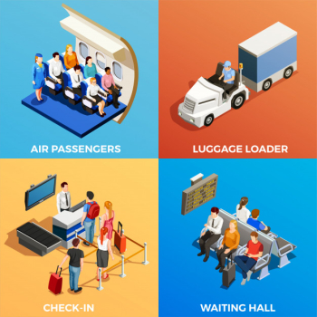 Isometric people at airport Free Vector