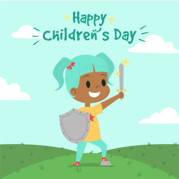 Hand drawn children's day with girl having a toy sword and shield Free Vector