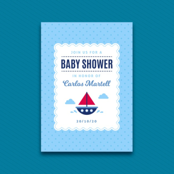 Baby shower invitation template for boy with boat Free Vector