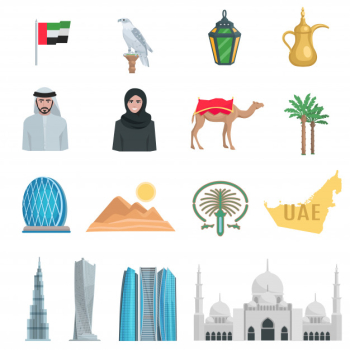 United arab emirates flat icons with symbols of state and cultural objects isolated vector illustration Free Vector