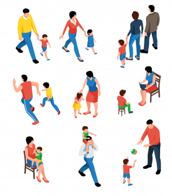 Family isometric set with parents playing and walking with their kids isolated Free Vector