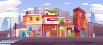 Ghetto empty street with ruined abandoned houses Free Vector