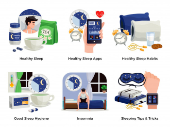 Healthy sleep and insomnia compositions set of habits apps tips tricks good hygiene isolated illustration Free Vector