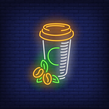Takeaway coffee in plastic cup neon sign Free Vector
