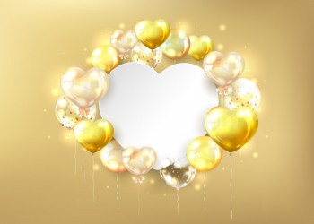 Golden glossy balloons background and white copy space in heart shape Free Vector