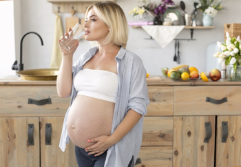 Sideways beautiful pregnant woman drinking water Free Photo