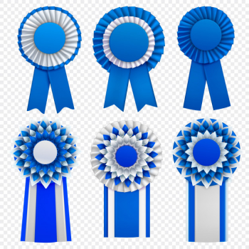 Blue decorative medal awards circulair rosettes badges lapel pins with ribbons realistic set transparent Free Vector