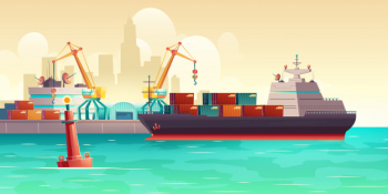Cargo ship loading in port cartoon illustration Free Vector
