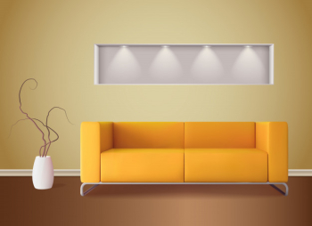 Modern living room interior with bright corn color sofa and soft shades yellow wall  realistic illustration Free Vector