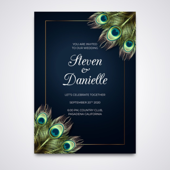 Wedding invitation template with peacock feathers Free Vector