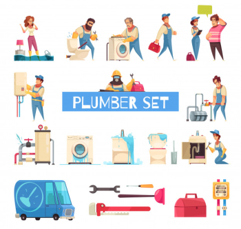 Plumber big cartoon set with burst pipes repair flooded home fixing sanitary washing machine installation Free Vector