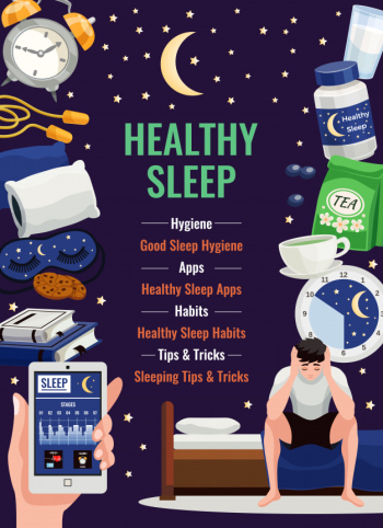 Healthy sleep poster with alarm clock orthopedic pillow cup of herbal tea flat elements at night starry sky Free Vector