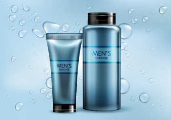Mens cosmetics products line 3d realistic vector advertising mockup. skincare cream, shampoo, shaving foam or lotion plastic tube, glass bottle illustrations on gradient background with water bubbles Free Vector
