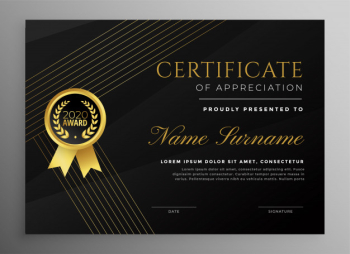 Premium black certificate template with golden lines Free Vector