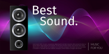 Realistic speaker in black box sound equipment on color wavy background illustration Free Vector