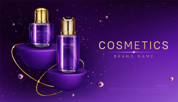 Cosmetics bottles on podium perfume ad banner Free Vector