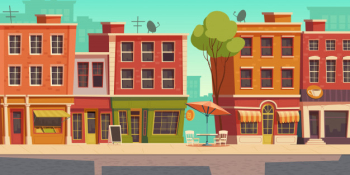 Urban street illustration with small shop and restaurant Free Vector