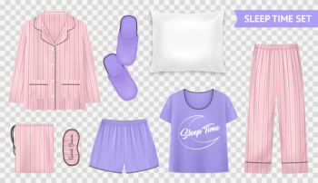 Sleep time transparent set with light and warm pajama styles and accessories for comfortable sleep  illustration Free Vector