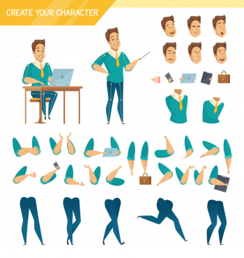 Office male worker character creator constructor elements collection with hands legs heads and accessories isolated Free Vector