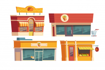 Fast food restaurant and shops building cartoon Free Vector
