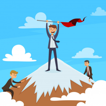 Successful career design concept with winner on mountain top and competitors on blue sky background vector illustration Free Vector