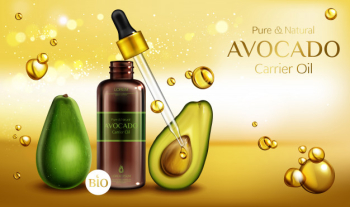 Avocado cosmetics oil. organic beauty product bottle with pipette on blurred with oily drops. Free Vector