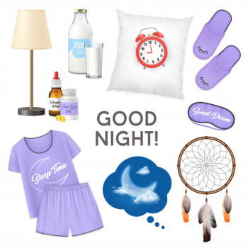 Good night realistic design concept with alarm clock on pillow glass of milk pajamas slippers isolated icons set  illustration Free Vector