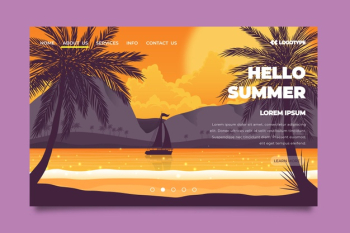 Hello summer landing page with sea and boat Free Vector