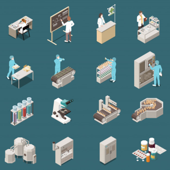 Pharmaceutical production isometric icon set with scientist at work and drug manufacturing  illustration Free Vector