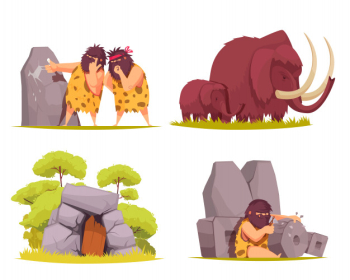Caveman concept set of primitive men dressed in animal pelt busy with everyday worries cartoon Free Vector