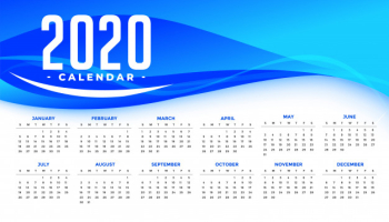 Happy new year 2020 calendar template with abstract blue wave Free Vector