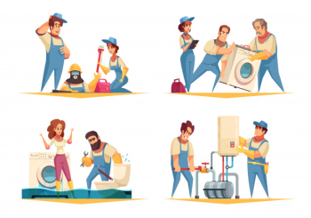 Plumber work concept 4 flat cartoon compositions with flooded home fixing boiler washing machine installation Free Vector