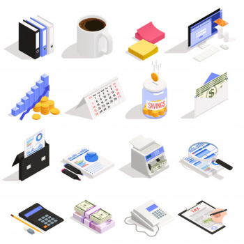 Accounting set of isometric icons with money savings online banking tax calculation and documentation Free Vector