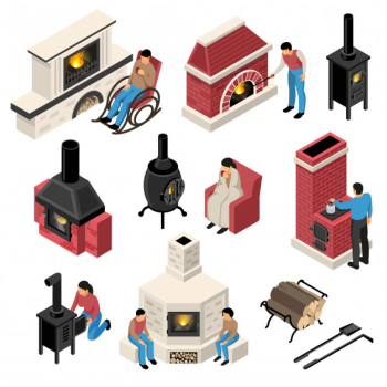Set of isometric fire places and furnaces of various  with human characters isolated Free Vector