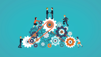  Business People on Cogwheels - Workforce and Teamwork Concept 