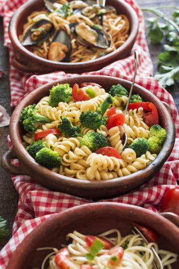 Various pasta salad in the earthenware
