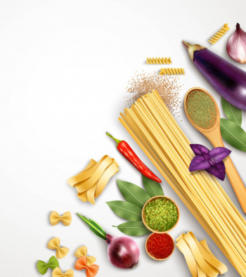 Realistic pasta template with ingredients and products for its cooking