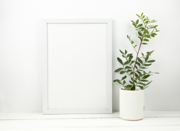 White blank frame and potted plant on white wooden table