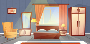 cartoon interior of cozy bedroom with window. Living apartment with furniture