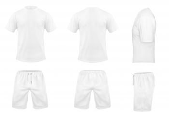 Realistic set of white t-shirts with short sleeves and shorts, sportswear, sport uniform Free Vector